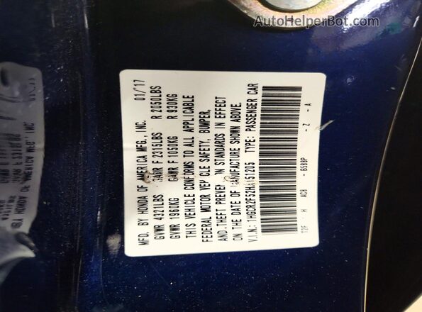 1HGCR2F52HA151205 2017 HONDA ACCORD Blue VIN sticker view