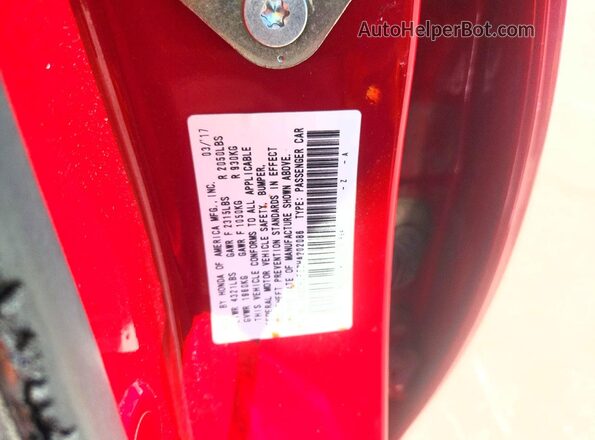 1HGCR2F52HA202086 2017 HONDA ACCORD Red ძრავის განყოფილების ხედი