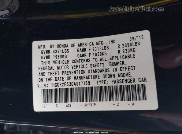 1HGCR2F53GA017169 2016 HONDA ACCORD Black Вид підкапотного простору