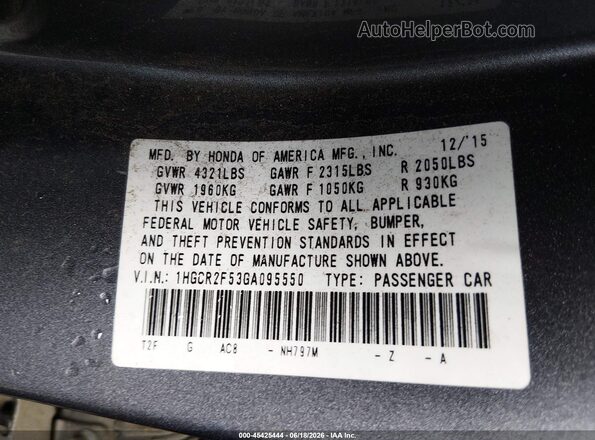 1HGCR2F53GA095550 2016 HONDA ACCORD Серый Вид подкапотного пространства
