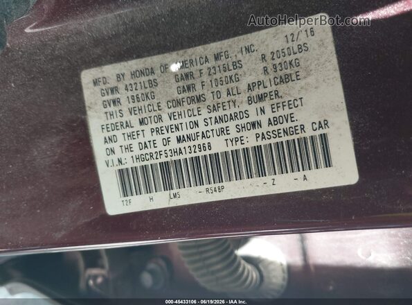 1HGCR2F53HA132968 2017 HONDA ACCORD Maroon Շարժիչի բաժամունքի տեսք