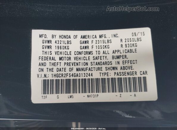1HGCR2F54GA013244 2016 HONDA ACCORD Черный Вид подкапотного пространства