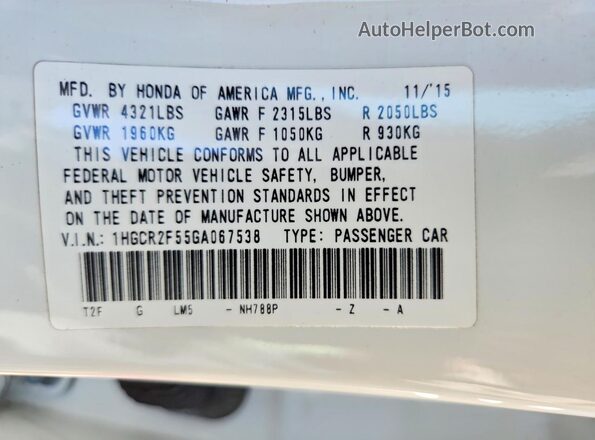 1HGCR2F55GA067538 2016 HONDA ACCORD White Widok naklejki z numerem VIN