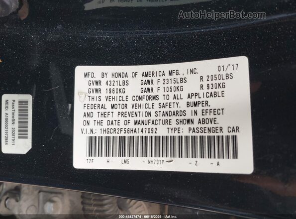 1HGCR2F56HA147092 2017 HONDA ACCORD Black Widok komory silnika