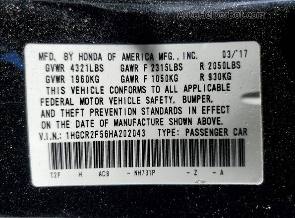 1HGCR2F56HA202043 2017 HONDA ACCORD Black Շարժիչի բաժամունքի տեսք