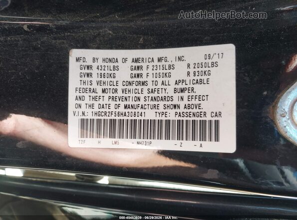 1HGCR2F56HA308041 2017 HONDA ACCORD Black ძრავის განყოფილების ხედი