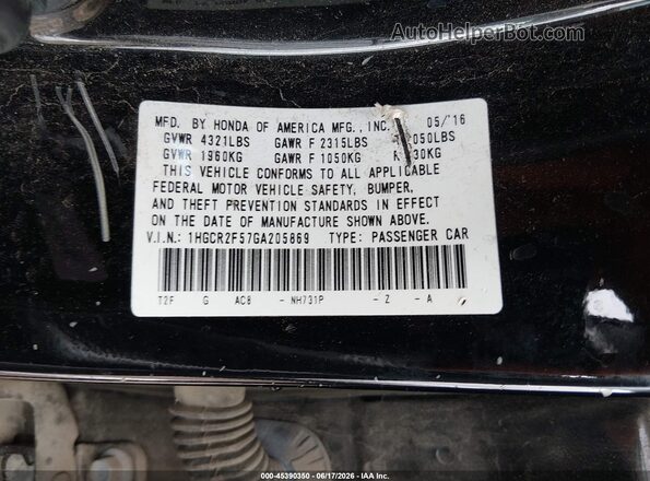 1HGCR2F57GA205869 2016 HONDA ACCORD Black Engine compartment view