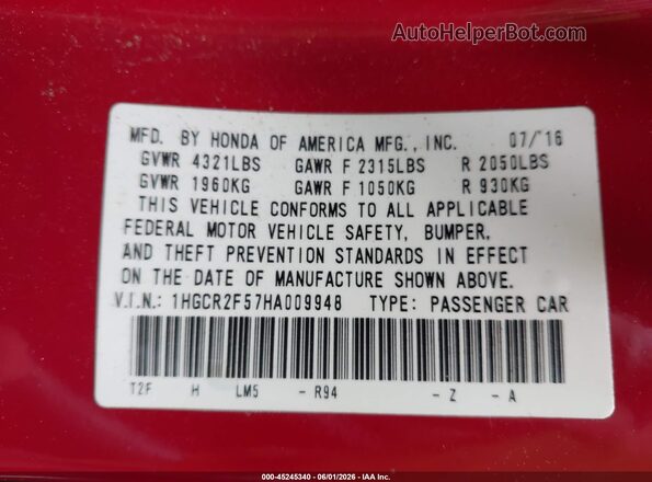 1HGCR2F57HA009948 2017 HONDA ACCORD Red 
