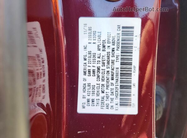 1HGCR2F57HA098016 2017 HONDA ACCORD Burgundy Vista del compartimento del motor