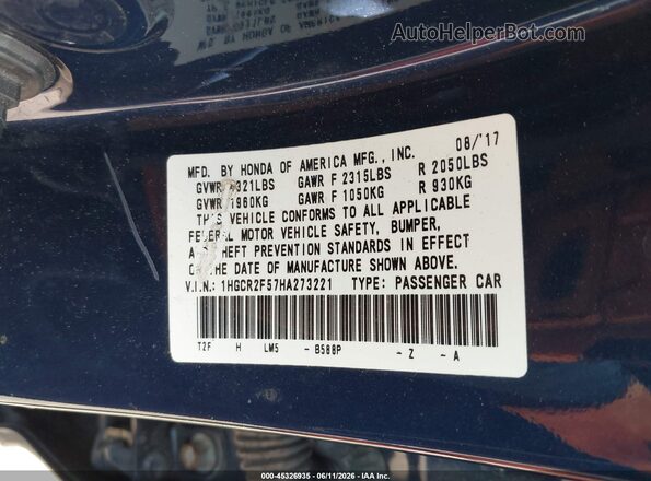 1HGCR2F57HA273221 2017 HONDA ACCORD Blue Вид підкапотного простору