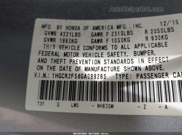 1HGCR2F58GA099285 2016 HONDA ACCORD Silver 