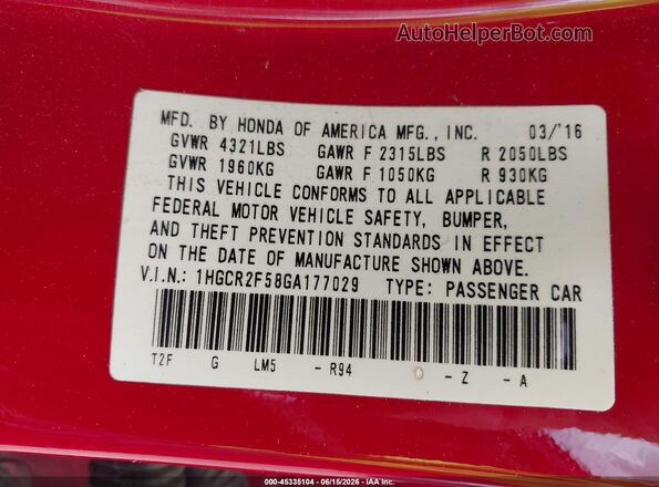 1HGCR2F58GA177029 2016 HONDA ACCORD Red Widok komory silnika