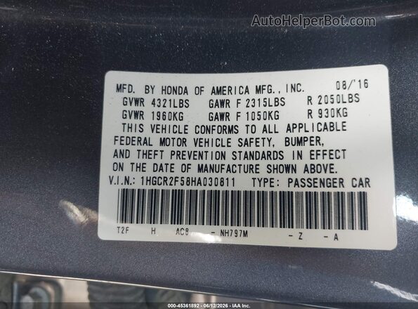 1HGCR2F58HA030811 2017 HONDA ACCORD Серый 