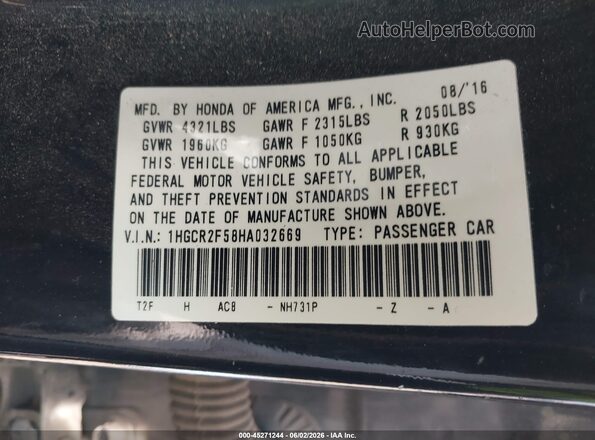 1HGCR2F58HA032669 2017 HONDA ACCORD Черный Вид подкапотного пространства