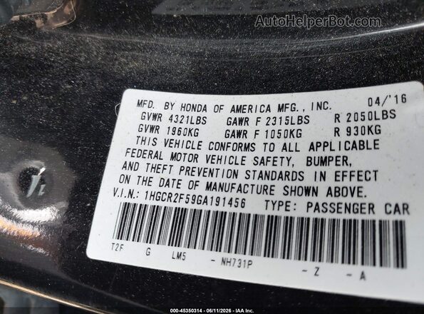 1HGCR2F59GA191456 2016 HONDA ACCORD Black 