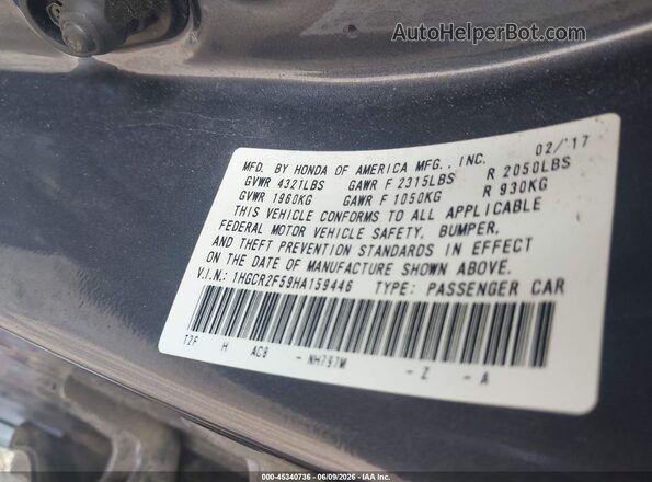 1HGCR2F59HA159446 2017 HONDA ACCORD Gray Вид підкапотного простору