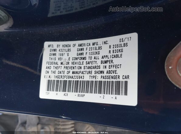 1HGCR2F59HA235943 2017 HONDA ACCORD Blue ძრავის განყოფილების ხედი