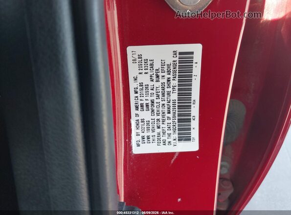 1HGCR2F59HA298685 2017 HONDA ACCORD Красный Вид подкапотного пространства