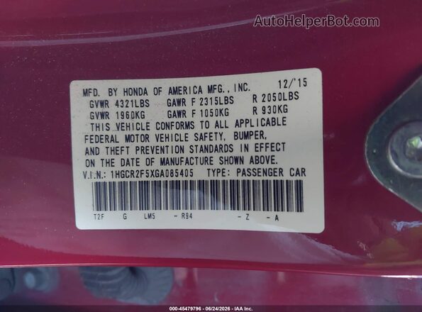 1HGCR2F5XGA085405 2016 HONDA ACCORD Red Вид підкапотного простору