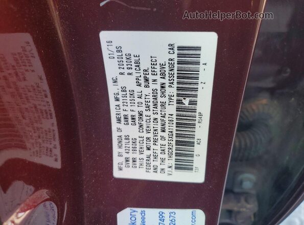 1HGCR2F5XGA110674 2016 HONDA ACCORD Burgundy Engine compartment view