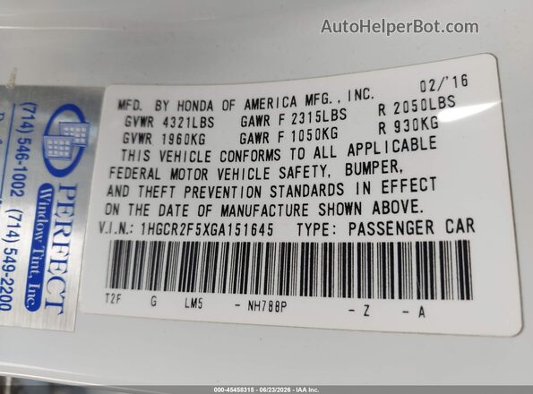 1HGCR2F5XGA151645 2016 HONDA ACCORD White Շարժիչի բաժամունքի տեսք