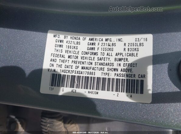 1HGCR2F5XGA179865 2016 HONDA ACCORD Silver Widok komory silnika