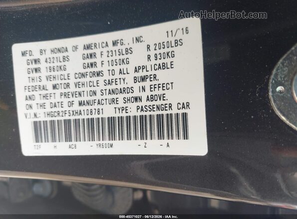 1HGCR2F5XHA108781 2017 HONDA ACCORD Black Вид підкапотного простору