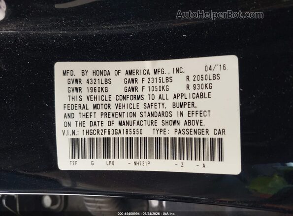 1HGCR2F63GA185550 2016 HONDA ACCORD Black Вид підкапотного простору