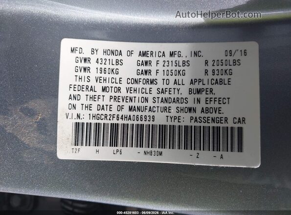 1HGCR2F64HA066939 2017 HONDA ACCORD Silver Vista del compartimento del motor