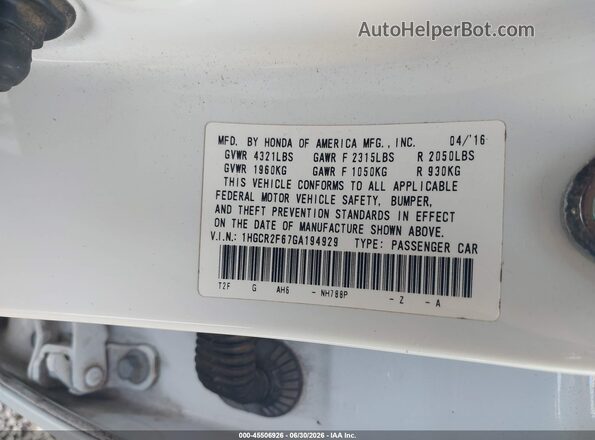 1HGCR2F67GA194929 2016 HONDA ACCORD White Շարժիչի բաժամունքի տեսք