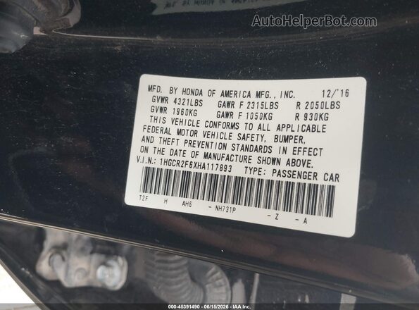 1HGCR2F6XHA117893 2017 HONDA ACCORD Black Вид підкапотного простору