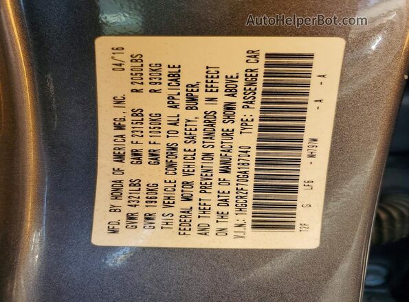 1HGCR2F70GA187040 2016 HONDA ACCORD Gray 
