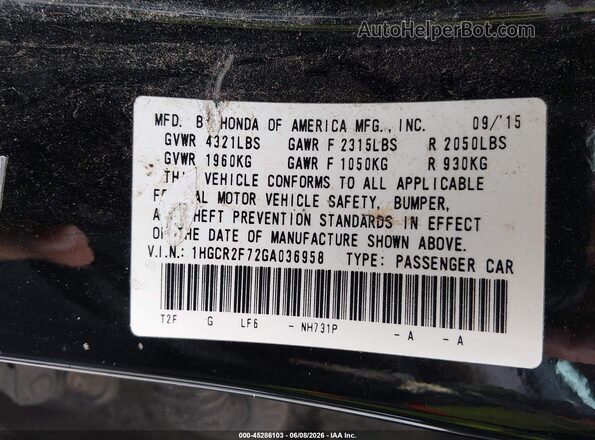 1HGCR2F72GA036958 2016 HONDA ACCORD Black Widok komory silnika