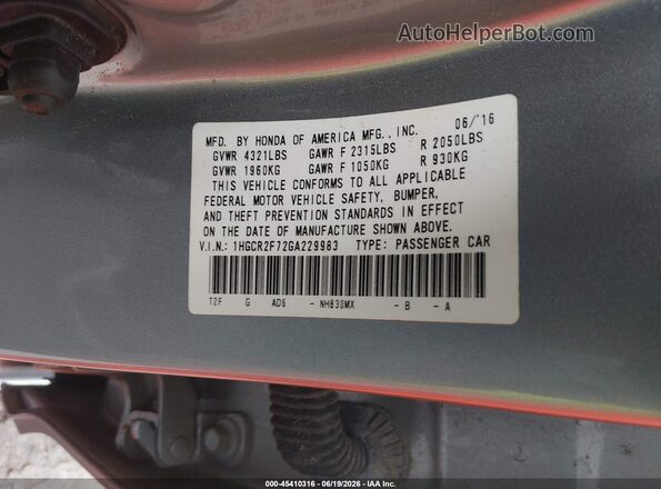 1HGCR2F72GA229983 2016 HONDA ACCORD Серебряный Вид подкапотного пространства