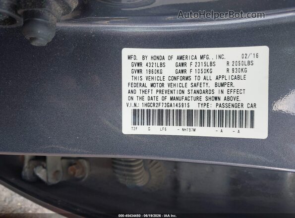 1HGCR2F73GA145915 2016 HONDA ACCORD Gray Vista del compartimento del motor
