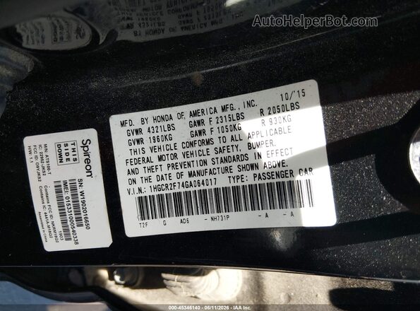 1HGCR2F74GA064017 2016 HONDA ACCORD Черный Вид подкапотного пространства