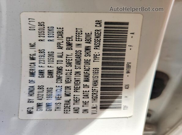 1HGCR2F74HA151658 2017 HONDA ACCORD White VIN კოდის სტიკერის ხედი