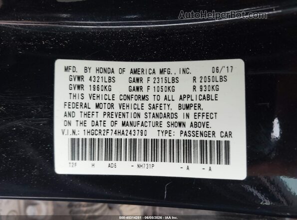 1HGCR2F74HA243790 2017 HONDA ACCORD Black 