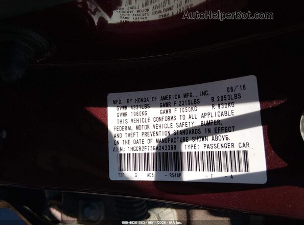 1HGCR2F75GA243389 2016 HONDA ACCORD Burgundy ძრავის განყოფილების ხედი