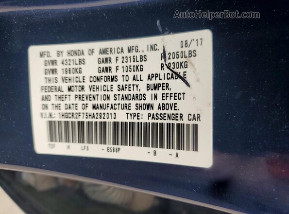 1HGCR2F75HA292013 2017 HONDA ACCORD Blue ძრავის განყოფილების ხედი