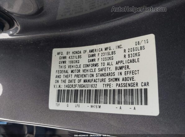 1HGCR2F76GA001632 2016 HONDA ACCORD Черный Вид подкапотного пространства