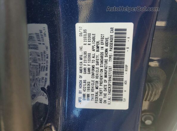 1HGCR2F76HA277097 2017 HONDA ACCORD Blue Engine compartment view