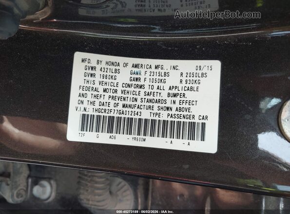 1HGCR2F77GA012543 2016 HONDA ACCORD Brown ძრავის განყოფილების ხედი