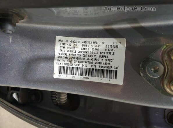 1HGCR2F77GA116403 2016 HONDA ACCORD Silver VIN կոդի պիտակի տեսք