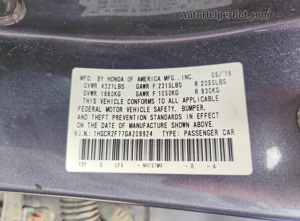 1HGCR2F77GA209924 2016 HONDA ACCORD Gray Widok naklejki z numerem VIN