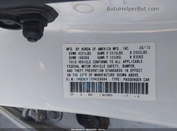 1HGCR2F78GA008694 2016 HONDA ACCORD White Вид підкапотного простору