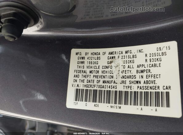 1HGCR2F7XGA014545 2016 HONDA ACCORD Gray Vista del compartimento del motor