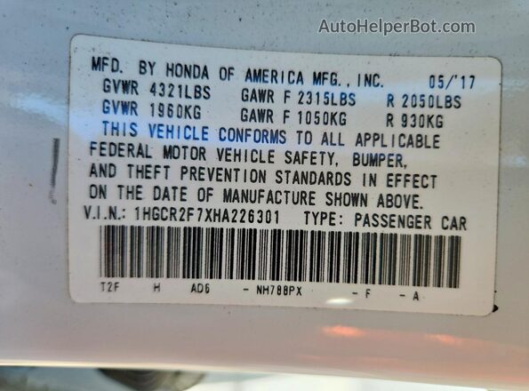 1HGCR2F7XHA226301 2017 HONDA ACCORD White 