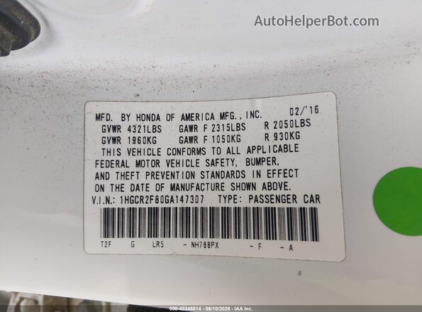 1HGCR2F80GA147307 2016 HONDA ACCORD Белый Вид подкапотного пространства