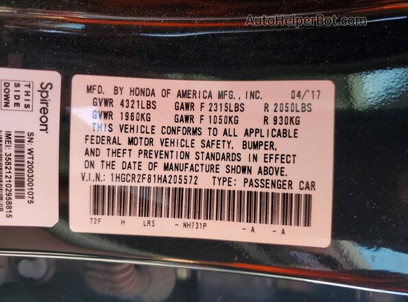 1HGCR2F81HA205572 2017 HONDA ACCORD Black ძრავის განყოფილების ხედი